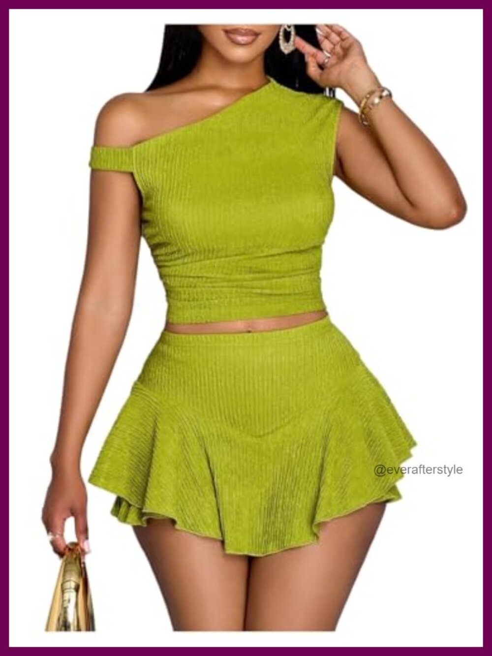 Two Piece Ruffle Skirt Set One Shoulder Crop Tank Top Tiered Mini Skirt